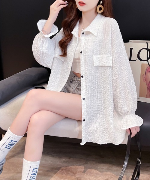 LETee（レティー）の「フクレ織BIGシャツ（シャツ/ブラウス・レディース・ホワイト/ブラック・FREE）」の6枚目の写真