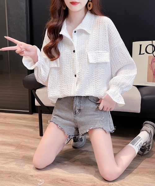 LETee（レティー）の「フクレ織BIGシャツ（シャツ/ブラウス・レディース・ホワイト/ブラック・FREE）」の9枚目の写真