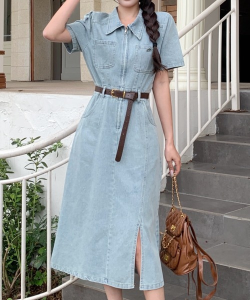 ベルト付きデニムワンピース（ワンピース）｜FAVORITO
