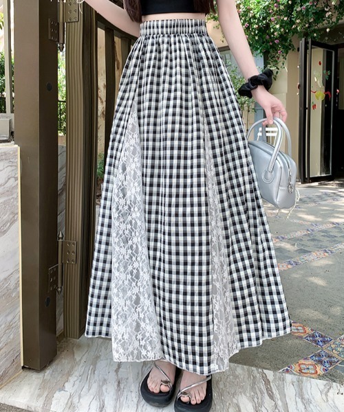 セール】レース切り替えロングチェック柄スカート（スカート