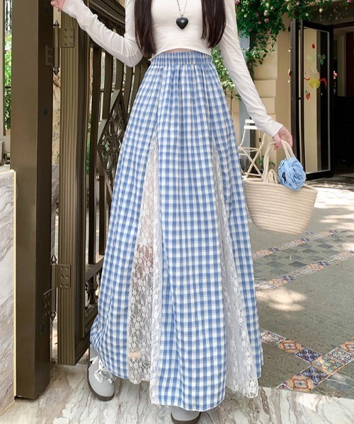 レース切り替えロングチェック柄スカート（スカート）｜FAVORITO