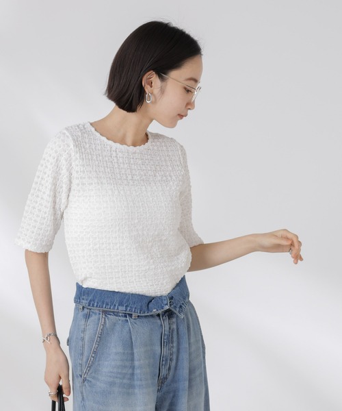 NANO universe（ナノユニバース）の「カットサッカークルーネックTシャツ（Tシャツ/カットソー・レディース・グリーン系その他4/ブラック/アイボリー・FREE）」の4枚目の写真