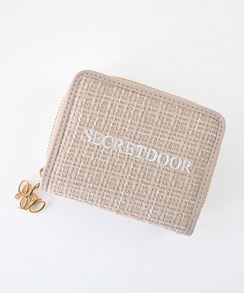 セール】ツイード チャーム付き 財布2ツ折財布 刺繍 クリーム