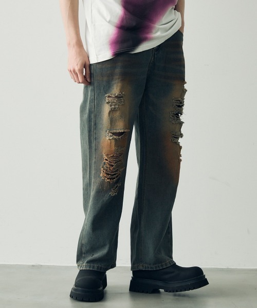 セール】Hard crushed vintage wash denim pants / ハード