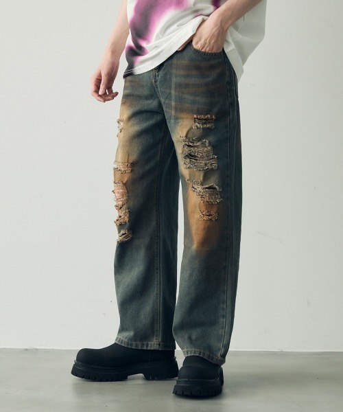 セール】Hard crushed vintage wash denim pants / ハード