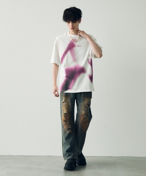 【HUECLOSET】★送料・関税込★レトロウォッシュデニムパンツ セール】ケミカルウォッシュワイドデニムパンツ セットアップ
