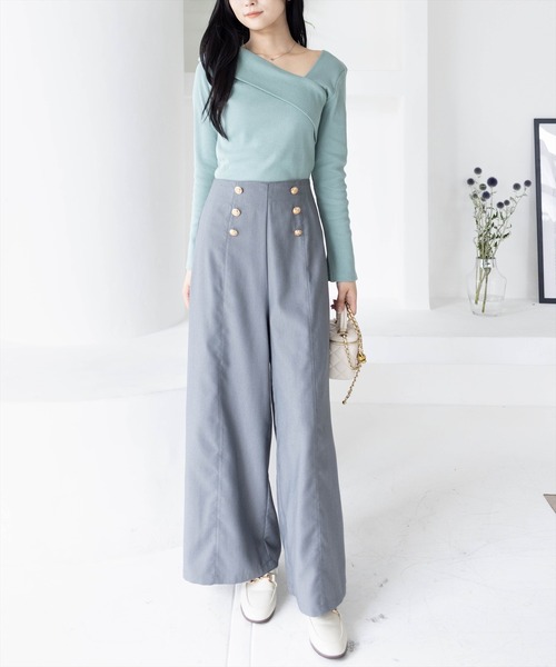 KAPITALベージュ ワイドパンツ 黒いボタン CLEAR BASIC≪新色追加≫ダブルボタンハイウエストワイドパンツ