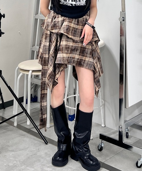 イレヘムフリンジポンチョ　やや紫がかったブルー　フリーサイズ　プリーツ生地 ブリーチチェックイレヘムスカート（スカート）｜Figments