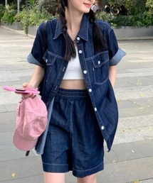 デニムシャツカラーショートスリーブチェストポケットフロントボタン ウエストシュリンクショートパンツ セットアップ