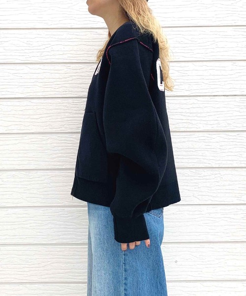 Q（キュー）の「フェルト刺繍ニットブルゾン（ブルゾン・レディース・ホワイト/ブラック・MEDIUM）」の4枚目の写真