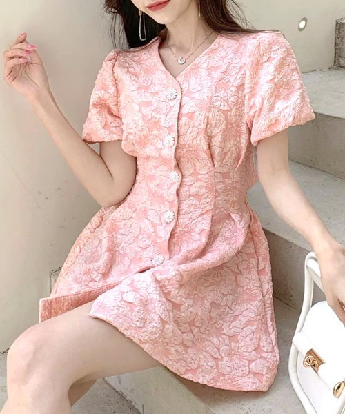 セール】バックオープン花柄エンボスミニワンピース（ワンピース