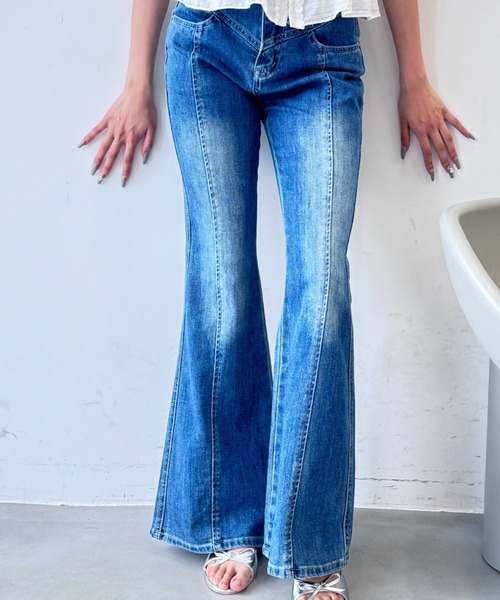 洗える　MARAXIA ブーツカット　デニムパンツ　Y2K 26 Y2Kバッグステッチロングブーツカットデニムパンツ