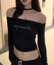 サイドシャーリングラインストーンオフショルロゴロンT