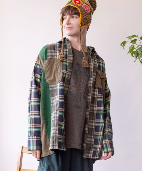 チャイハネ（チャイハネ）の「【チャイハネ】チェックパッチワークMEN'Sシャツ（シャツ/ブラウス・メンズ・ブルー/グリーン/レッド・FREE）」の2枚目の写真