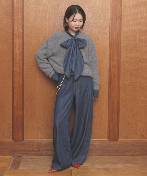 セール】フェザーデニムビッグボウタイシャツ（シャツ/ブラウス