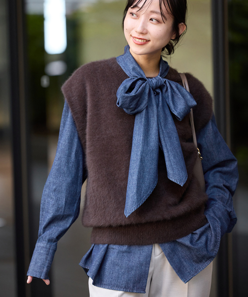 セール】フェザーデニムビッグボウタイシャツ（シャツ/ブラウス