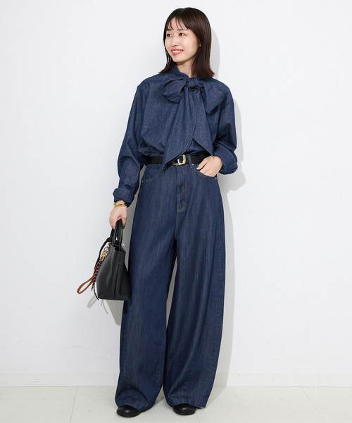 新品 SLOBE IENA スローブイエナ ネイビー ドット ボウタイ ブラウス フェザーデニムビッグボウタイシャツ（シャツ/ブラウス）｜SLOBE IENA