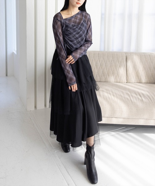 CLEAR BASIC（クリアベーシック）の「チェック柄シアードロストトップス［韓国ファッション カジュアル レイヤード］（Tシャツ/カットソー・レディース・ブラウン/ブラック・F）」の15枚目の写真