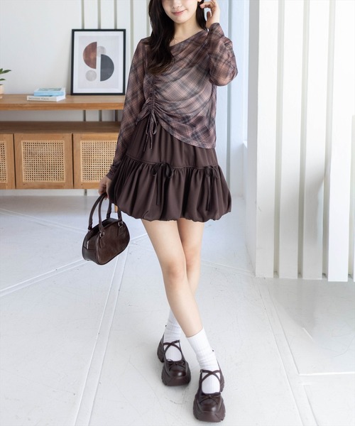 CLEAR BASIC（クリアベーシック）の「チェック柄シアードロストトップス［韓国ファッション カジュアル レイヤード］（Tシャツ/カットソー・レディース・ブラウン/ブラック・F）」の14枚目の写真