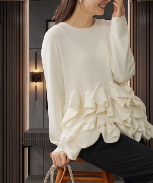 Sono（ソーノ）の「ご自宅でお洗濯可能【SONO/ソーノ】ﾌﾘﾙﾌﾙﾆｯﾄﾌﾟﾙｵｰﾊﾞｰ（ニット/セーター・レディース・ブルー系その他2/ブラック/ホワイト・F）」の2枚目の写真