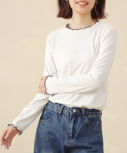 ReRe(リリ)の「選べる2TYPE!ラウンドネックリブカットソー(Tシャツ/カットソー・レディース・ブラック/グレー系その他/ブルー系その他2/イエロー系その他/グレー/ブルー/オフホワイト/ブラック系その他/ホワイト系その他/ネイビー/イエロー/ブルー系その他・MEDIUM/LARGE/X-LARGE)」の3枚目の写真