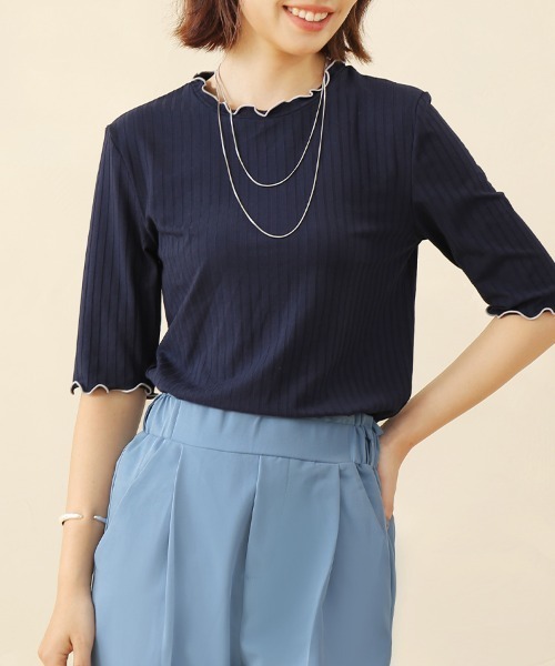 ReRe(リリ)の「選べる2TYPE!ラウンドネックリブカットソー(Tシャツ/カットソー・レディース・ブラック/グレー系その他/ブルー系その他2/イエロー系その他/グレー/ブルー/オフホワイト/ブラック系その他/ホワイト系その他/ネイビー/イエロー/ブルー系その他・MEDIUM/LARGE/X-LARGE)」の7枚目の写真