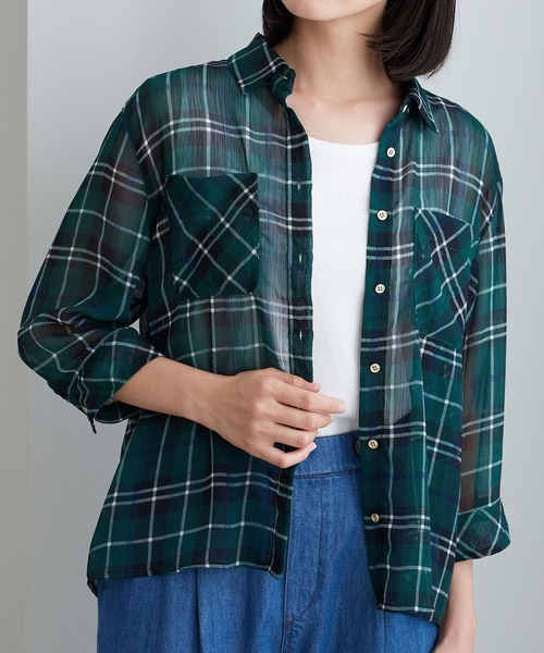 BELLUNA PLUS(ベルーナ)の「シフォン楊柳チェック柄プリントシャツ(シャツ/ブラウス・レディース・ホワイト系その他/グリーン系その他/ブラック系その他/ブラウン系/ワイン系・MEDIUM/X-LARGE/LARGE)」の4枚目の写真