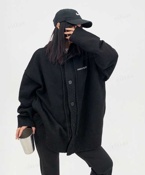 韓国ファッション blackenergy刺繍ロゴフロントボタンニットパーカー