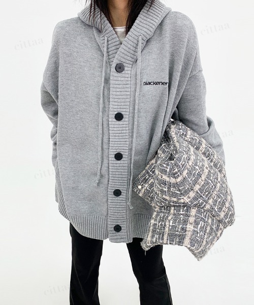 韓国ファッション blackenergy刺繍ロゴフロントボタンニットパーカー