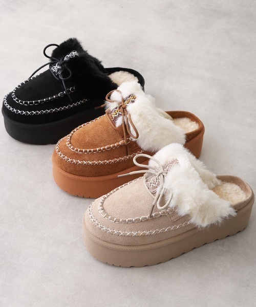 DEMETER(デメテル)の「厚底 プラットフォーム モカシンデザイン ムートンシューズ(ブーツ・レディース・キャメル/ブラック/ベージュ・LL/L/M)」の2枚目の写真