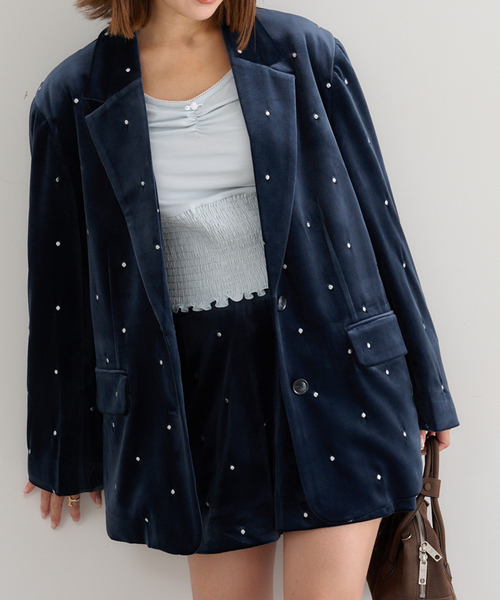 ドット刺繍ベロアジャケット（テーラードジャケット）｜U by
