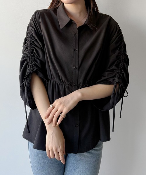 mipiarl（ミピアール）の「ドロストギャザースリーブシャツチュニック（チュニック・レディース・ホワイト/ブルー/ブラック・LARGE/MEDIUM/SMALL）」の5枚目の写真