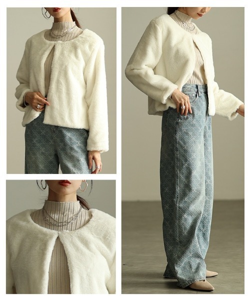 Sawa a la mode(サワアラモード)の「ノーカラーフェイクファーライトジャケット(ノーカラージャケット・レディース・ホワイト/モカ/グレイッシュベージュ・FREE)」の20枚目の写真