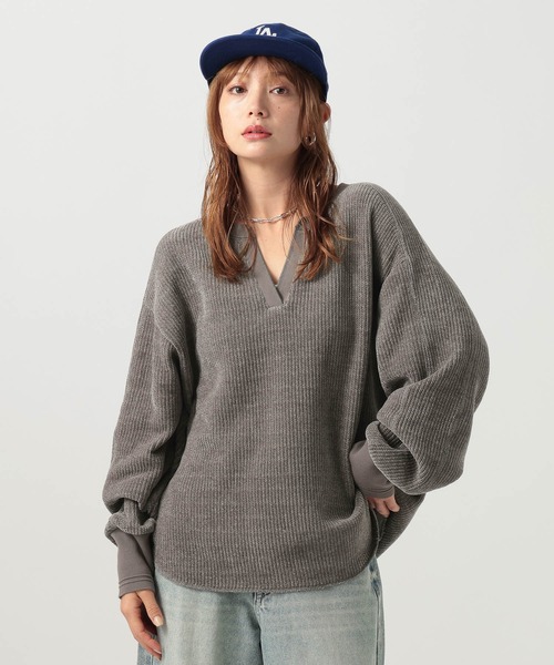 BAYFLOW（ベイフロー）の「ソフトモールWフェイスプルオーバー（Tシャツ/カットソー・レディース・チャコール/キャメル/グレイッシュベージュ・FREE）」の14枚目の写真