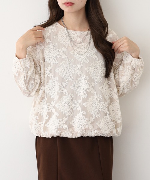 EGLANTINE(エグランティーヌ)の「EGLANTINE ジャガードレースプルオーバー長袖(Tシャツ/カットソー・レディース・アイボリー・38)」の3枚目の写真