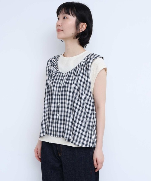l'atelier du savon(アトリエドサボン)の「アセテートギンガム ひらひらブラウス(シャツ/ブラウス・レディース・ブルー/ブラック・FREE)」の3枚目の写真