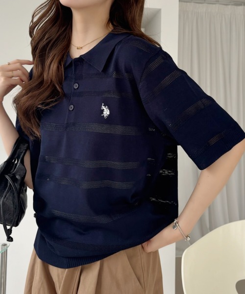 U.S. POLO ASSN.(ユーエスポロアッスン)の「【U.S. POLO ASSN.】12G メッシュボーダー ポロシャツ(ポロシャツ・レディース・サックスブルー/ホワイト×ネイビー/ネイビー・M/L)」の1枚目の写真