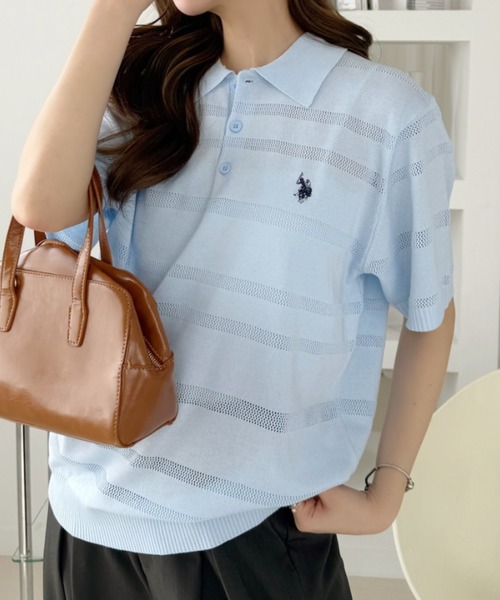 U.S. POLO ASSN.(ユーエスポロアッスン)の「【U.S. POLO ASSN.】12G メッシュボーダー ポロシャツ(ポロシャツ・レディース・サックスブルー/ホワイト×ネイビー/ネイビー・M/L)」の2枚目の写真