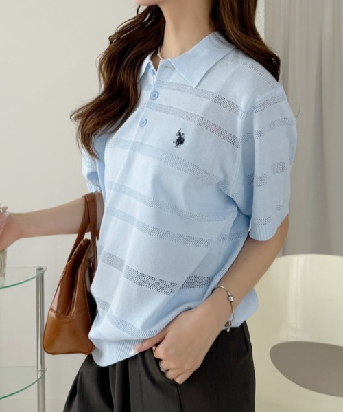 U.S. POLO ASSN.(ユーエスポロアッスン)の「【U.S. POLO ASSN.】12G メッシュボーダー ポロシャツ(ポロシャツ・レディース・サックスブルー/ホワイト×ネイビー/ネイビー・M/L)」の9枚目の写真