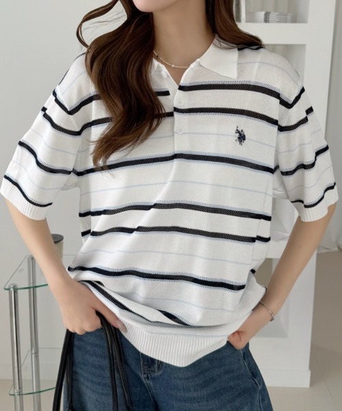 U.S. POLO ASSN.(ユーエスポロアッスン)の「【U.S. POLO ASSN.】12G メッシュボーダー ポロシャツ(ポロシャツ・レディース・サックスブルー/ホワイト×ネイビー/ネイビー・M/L)」の4枚目の写真