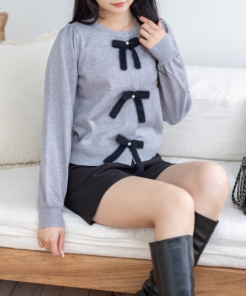 clear（クリア）の「配色リボンニットトップス[バレエコア ガーリー]≪AW新作≫（ニット/セーター・レディース・グレー/ピンク/アイボリー・F）」の3枚目の写真