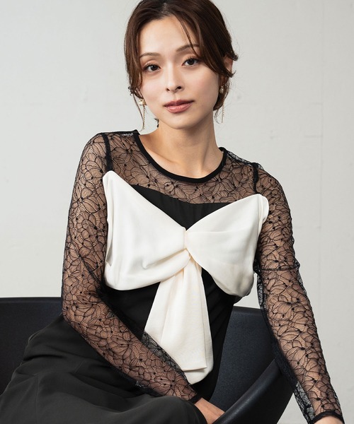 girl(ガール)の「ビッグリボン ドレス シアー レース 結婚式 ワンピース パーティードレス オケージョンドレス お呼ばれ 二次会 成人式 同窓会 謝恩会(ドレス・レディース・ブルー/ブラック/ブラウン/ベージュ・L/M/S)」の20枚目の写真