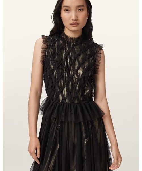 ALLSAINTS（オールセインツ）の「LOLA METALLIC MIDI DRESS | LOLA メタリック ミディ ドレス・ワンピース（ワンピース・レディース・ゴールド系その他・4/6/8）」の2枚目の写真