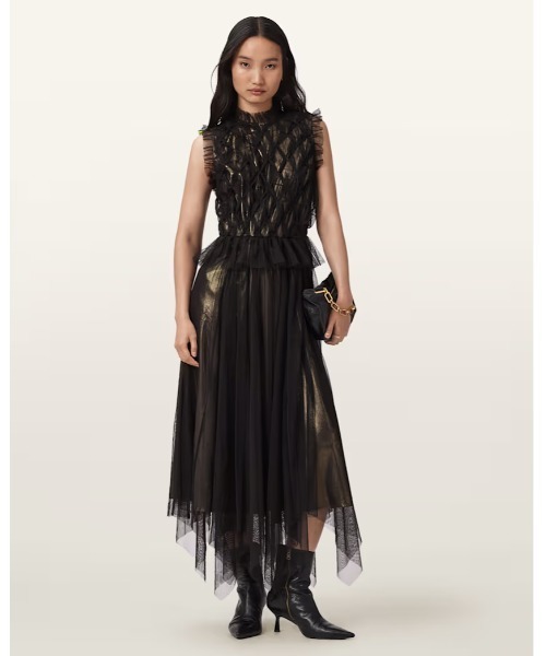 ALLSAINTS（オールセインツ）の「LOLA METALLIC MIDI DRESS | LOLA メタリック ミディ ドレス・ワンピース（ワンピース・レディース・ゴールド系その他・4/6/8）」の3枚目の写真