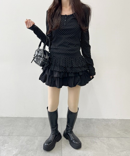 PHILLY（フィリー）の「ヘムフリルドットヘンリーネックトップス（Tシャツ/カットソー・レディース・ブラック/ホワイト・FREE）」の9枚目の写真