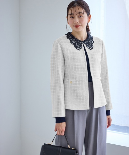 ROPE' PICNIC（ロペピクニック）の「【WEB限定カラー】ツイードフレアジャケット/入卒式・セレモニー対応・リンクコーデ（ノーカラージャケット・レディース・オフホワイト/ブラック系その他/ネイビー/ライトグレー・L/M）」の9枚目の写真