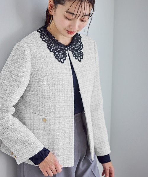 ROPE' PICNIC（ロペピクニック）の「【WEB限定カラー】ツイードフレアジャケット/入卒式・セレモニー対応・リンクコーデ（ノーカラージャケット・レディース・オフホワイト/ブラック系その他/ネイビー/ライトグレー・L/M）」の10枚目の写真