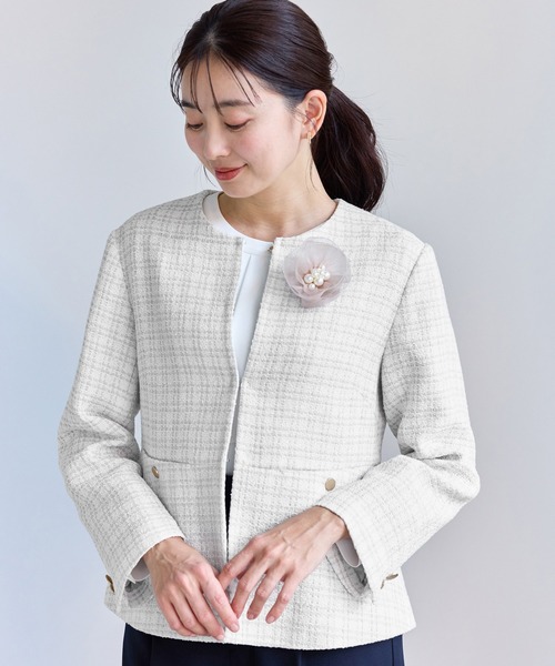 ROPE' PICNIC（ロペピクニック）の「【WEB限定カラー】ツイードフレアジャケット/入卒式・セレモニー対応・リンクコーデ（ノーカラージャケット・レディース・オフホワイト/ブラック系その他/ネイビー/ライトグレー・L/M）」の13枚目の写真