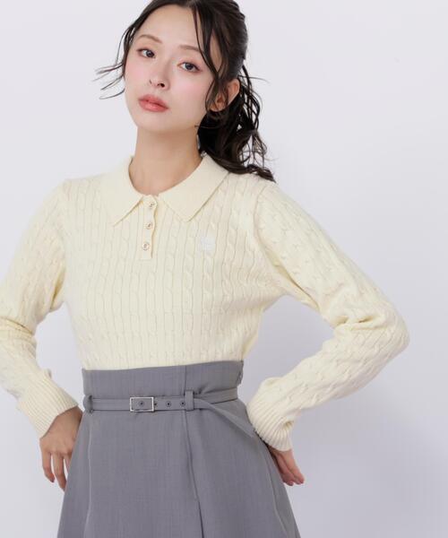 JILL by JILL STUART(ジルバイジルスチュアート)の「ポロ衿コットンブレンドケーブルニット(ニット/セーター・レディース・イエロー/ブルー/ピンク/ホワイト・FREE)」の11枚目の写真