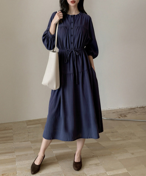 DAY CLOSET(デイ クローゼット)の「クラシカルな雰囲気漂う。長袖 パフスリ コーデュロイ 華奢魅せリボン ウエストマーク ギャザー ワンピース レディース(ワンピース・レディース・ネイビー/モスグリーン/アイボリー・FREE)」の3枚目の写真